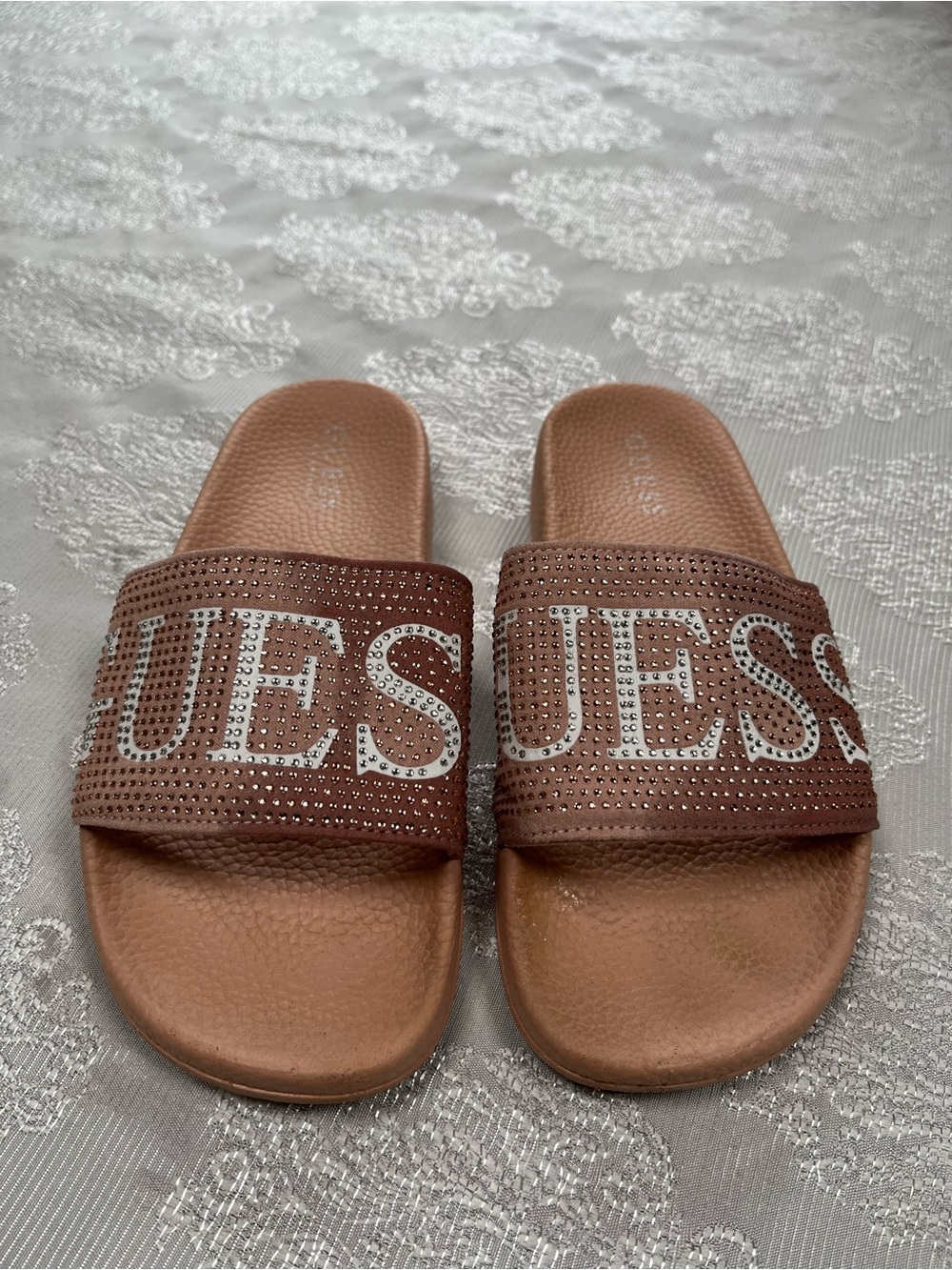 Guess Brown Crystal-Accented Logo Slide Sandals